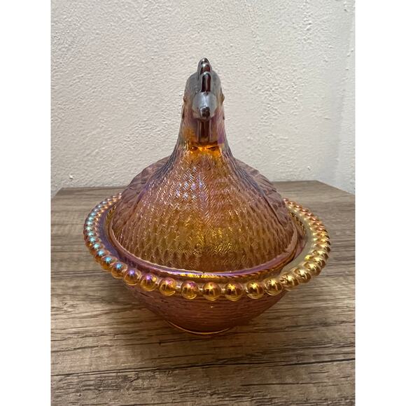 Indiana Glass Amber Iridescent Hen on Nest Dish Vintage Style Carnival Glass - Picture 2 of 16